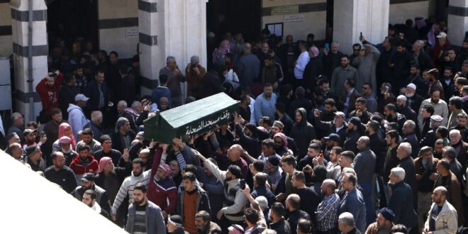 Hundreds of Hama residents bid farewell to 8 martyrs during confrontations with remnants of the defunct regime in the coast